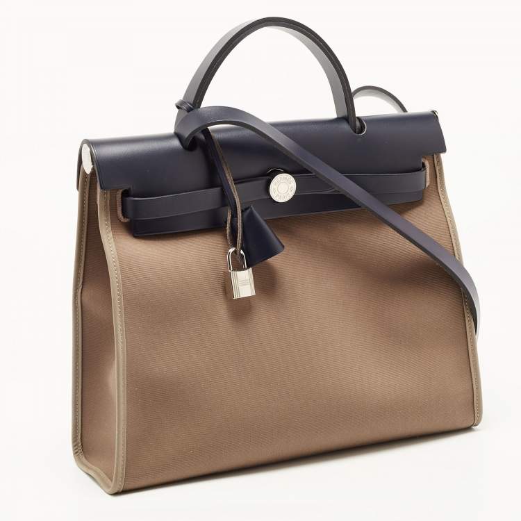 Pre Owned Hermes Vache Hunter/Toile Bleu Indigo/Etoupe Canvas and Leather Herbag Zip 31 Bag