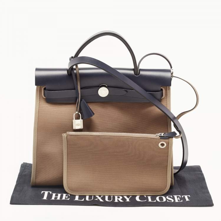 Pre Owned Hermes Vache Hunter/Toile Bleu Indigo/Etoupe Canvas and Leather Herbag Zip 31 Bag