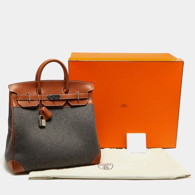 Pre Owned Hermes Gris Moyen/Fauve Wool and Barenia Leather Palladium Finish HAC Birkin 40 Bag