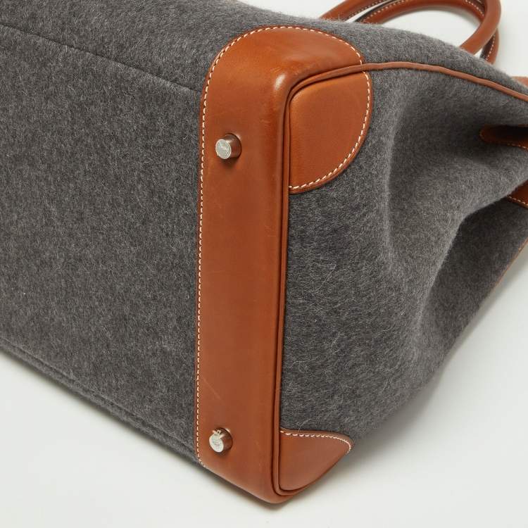Pre Owned Hermes Gris Moyen/Fauve Wool and Barenia Leather Palladium Finish HAC Birkin 40 Bag