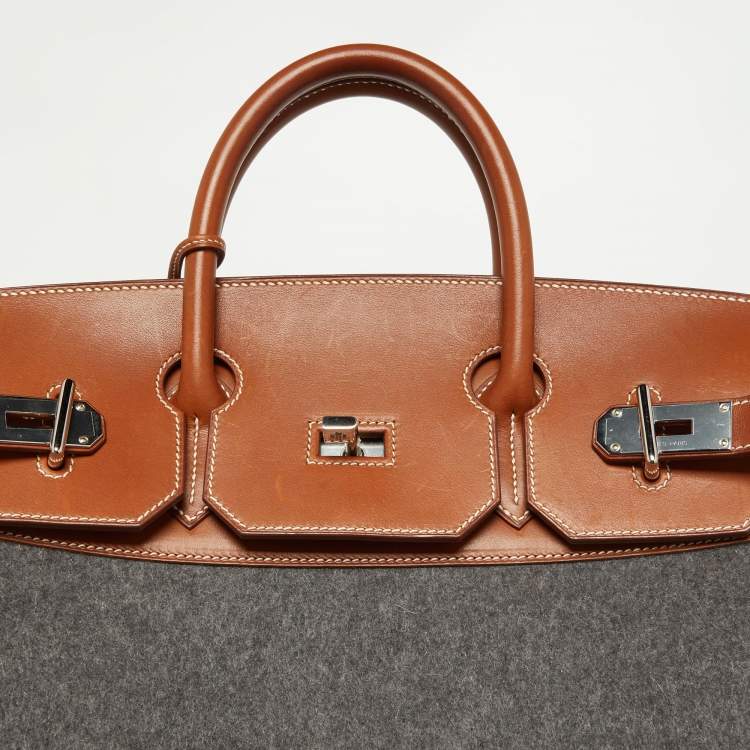 Pre Owned Hermes Gris Moyen/Fauve Wool and Barenia Leather Palladium Finish HAC Birkin 40 Bag