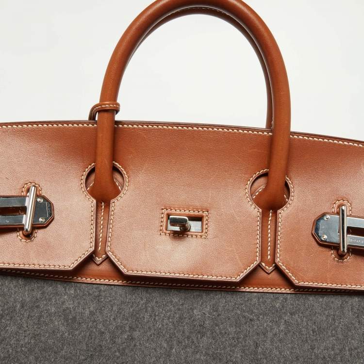 Pre Owned Hermes Gris Moyen/Fauve Wool and Barenia Leather Palladium Finish HAC Birkin 40 Bag