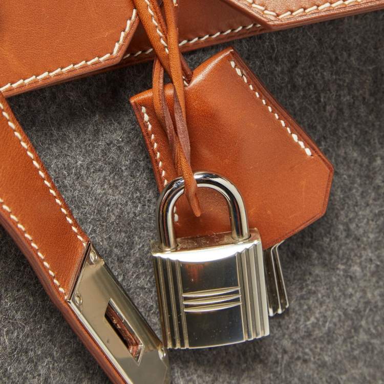 Pre Owned Hermes Gris Moyen/Fauve Wool and Barenia Leather Palladium Finish HAC Birkin 40 Bag