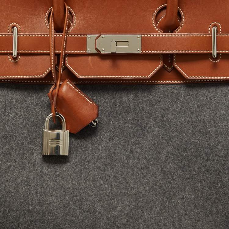 Pre Owned Hermes Gris Moyen/Fauve Wool and Barenia Leather Palladium Finish HAC Birkin 40 Bag