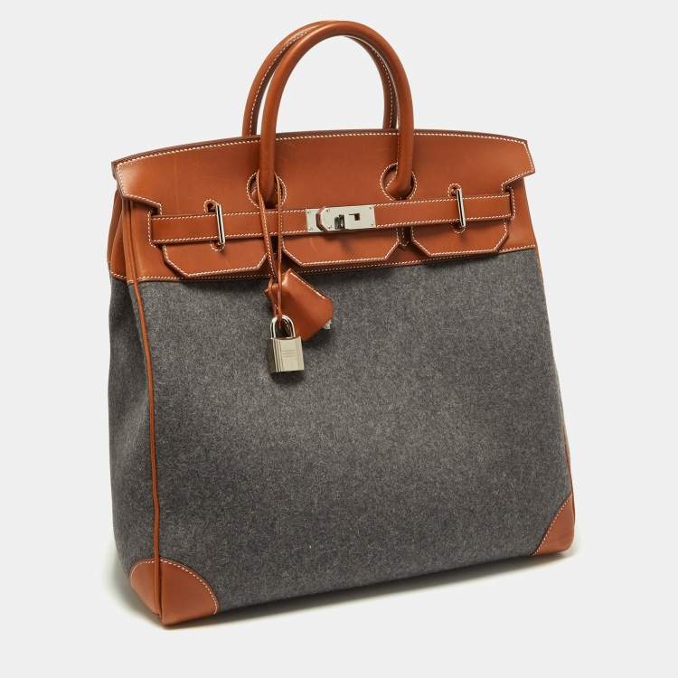 Pre Owned Hermes Gris Moyen/Fauve Wool and Barenia Leather Palladium Finish HAC Birkin 40 Bag