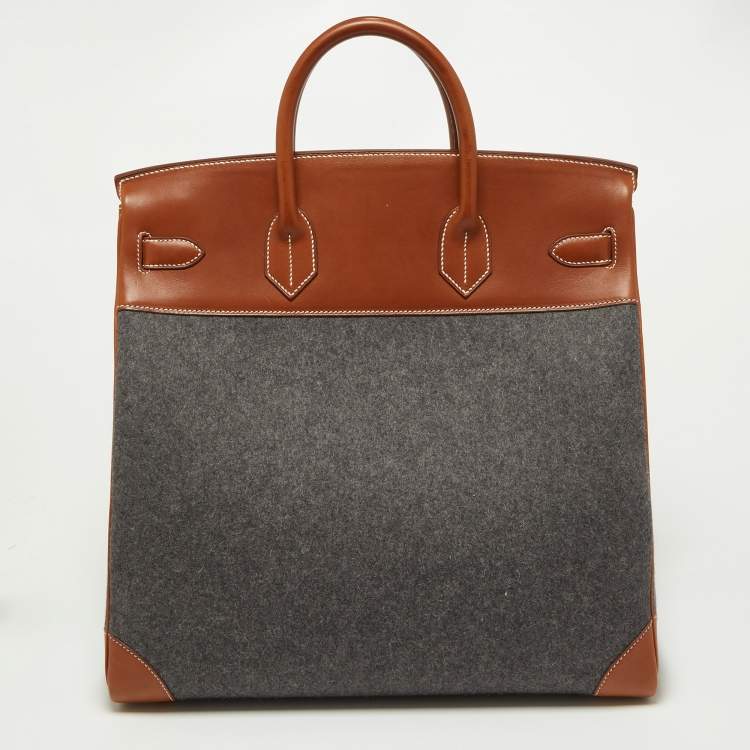 Pre Owned Hermes Gris Moyen/Fauve Wool and Barenia Leather Palladium Finish HAC Birkin 40 Bag