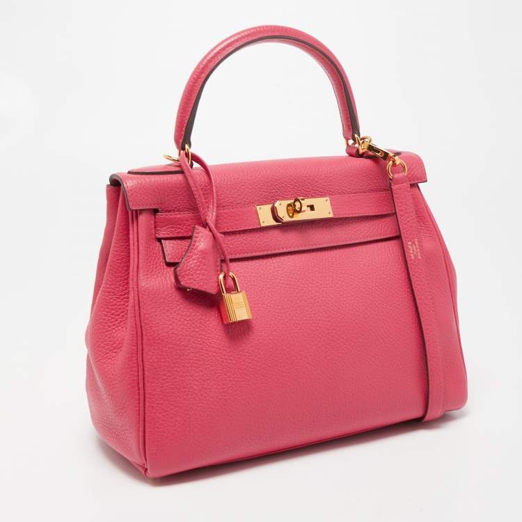 Pre Owned Hermes Rose Extreme Taurillon Clemence Leather Gold Finish Kelly Retourne 28 Bag