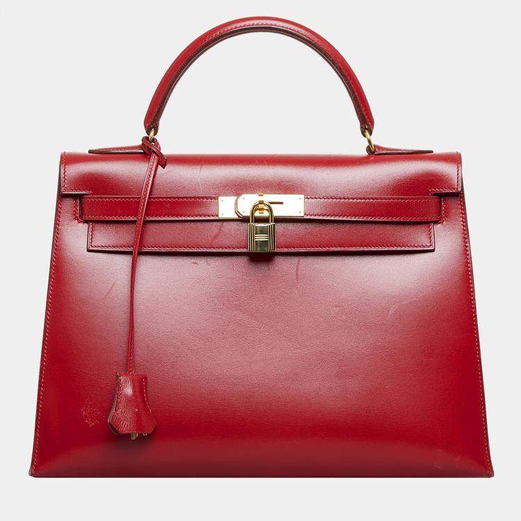 A ROUGE H CALF BOX LEATHER RETOURNE KELLY 32 WITH GOLD HARDWARE