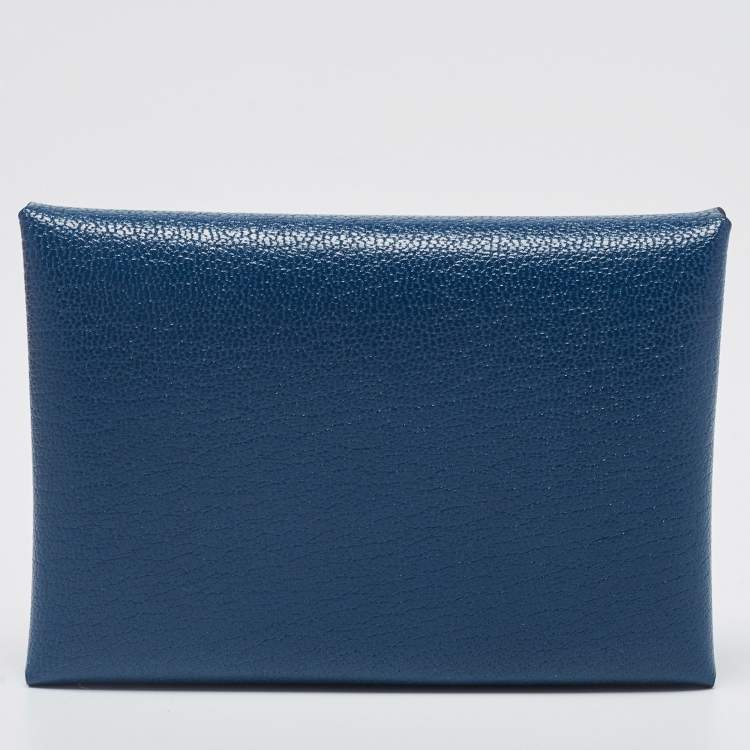Pre Owned Hermes Deep Blue Chevre Leather Calvi Duo Card Holder
