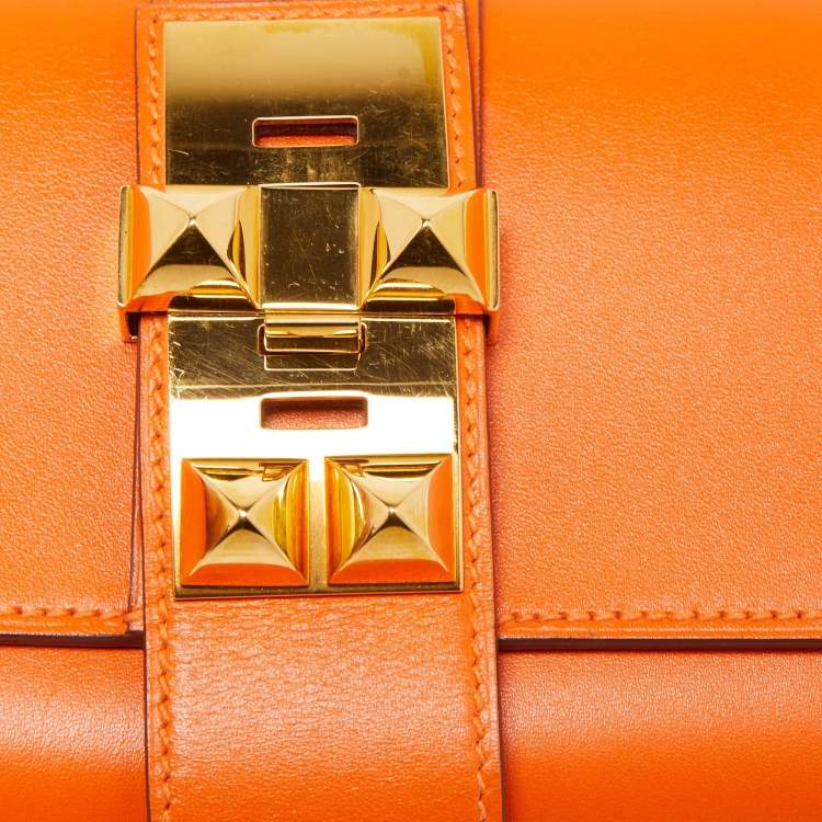 Pre Owned Hermes Orange Tadelakt Leather Medor 23 Clutch