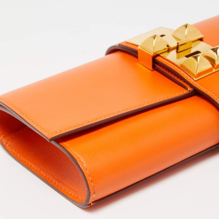 Pre Owned Hermes Orange Tadelakt Leather Medor 23 Clutch