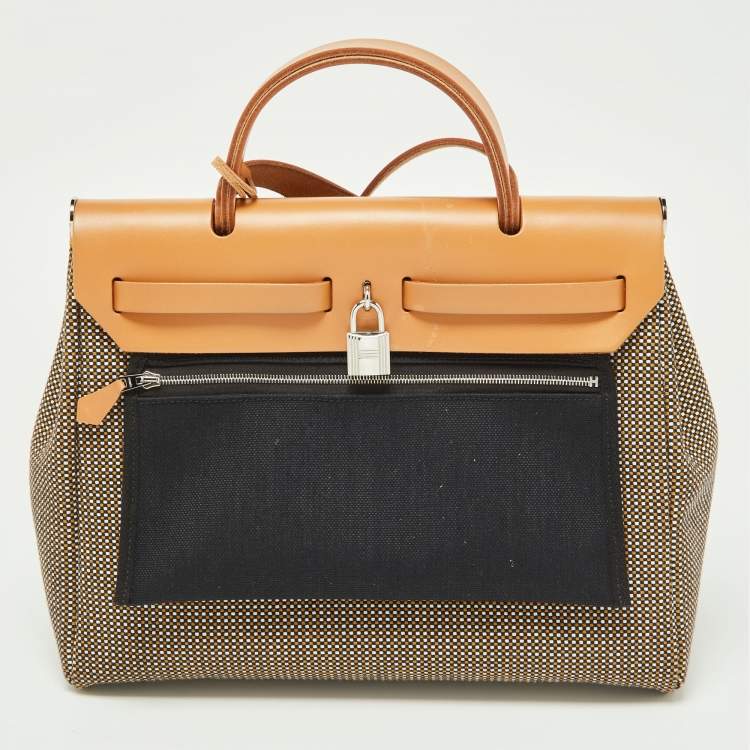 Pre Owned Hermès Black/Natural/Ecru Toile Viking and Vache Hunter Leather Herbag 31 Bag