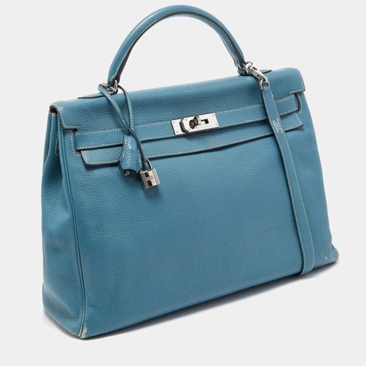 Pre Owned Hermes Blue Jean Togo Leather Palladium Finish Kelly Retourne 40 Bag