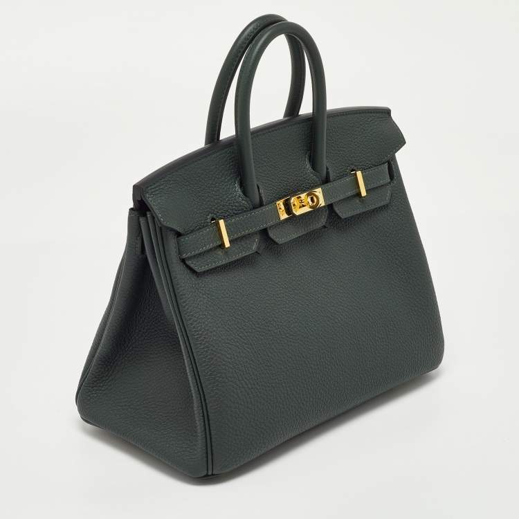Pre Owned Hermes Vert Rousseau Leather Gold Finish Birkin 25 Bag