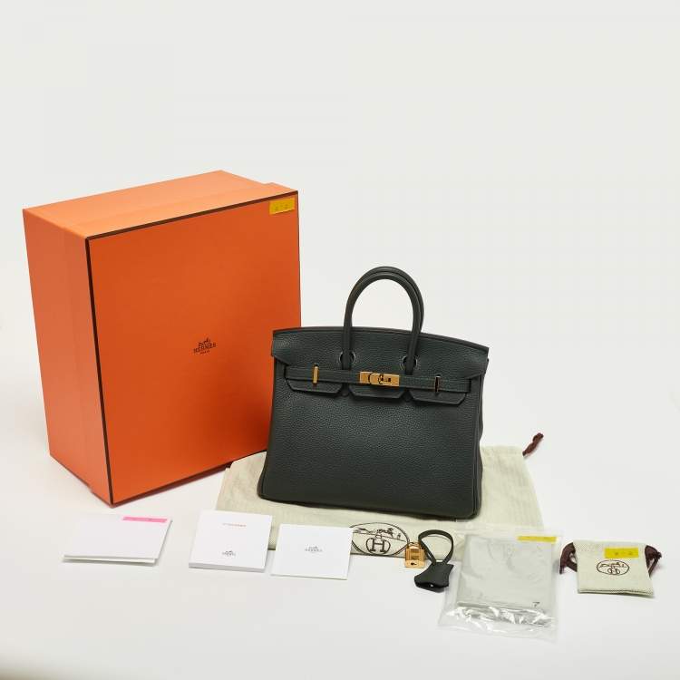 Pre Owned Hermes Vert Rousseau Leather Gold Finish Birkin 25 Bag