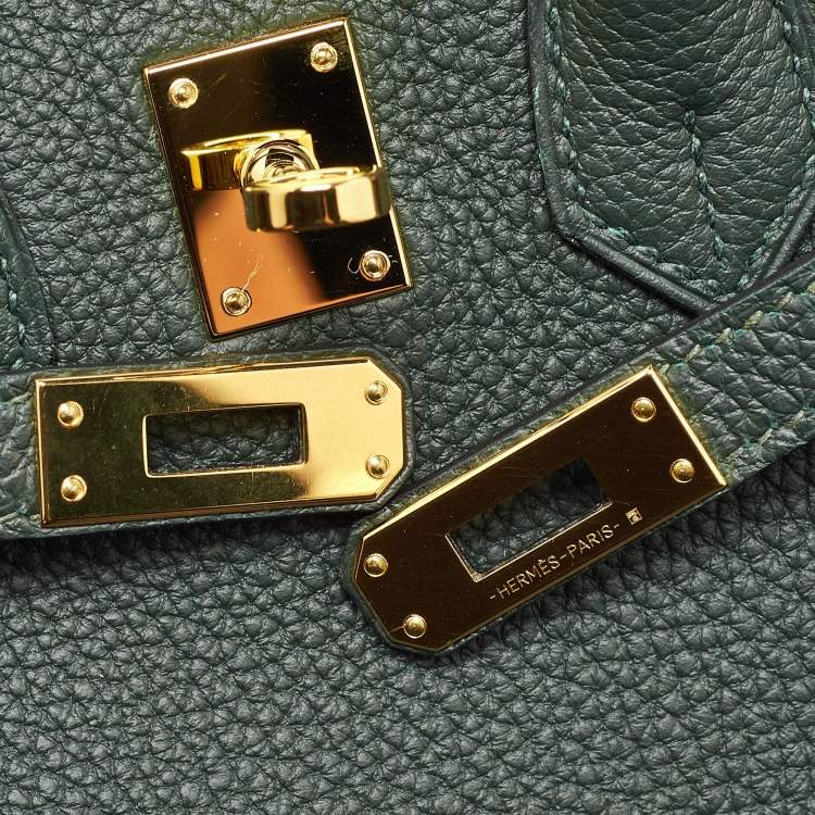 Pre Owned Hermes Vert Rousseau Leather Gold Finish Birkin 25 Bag
