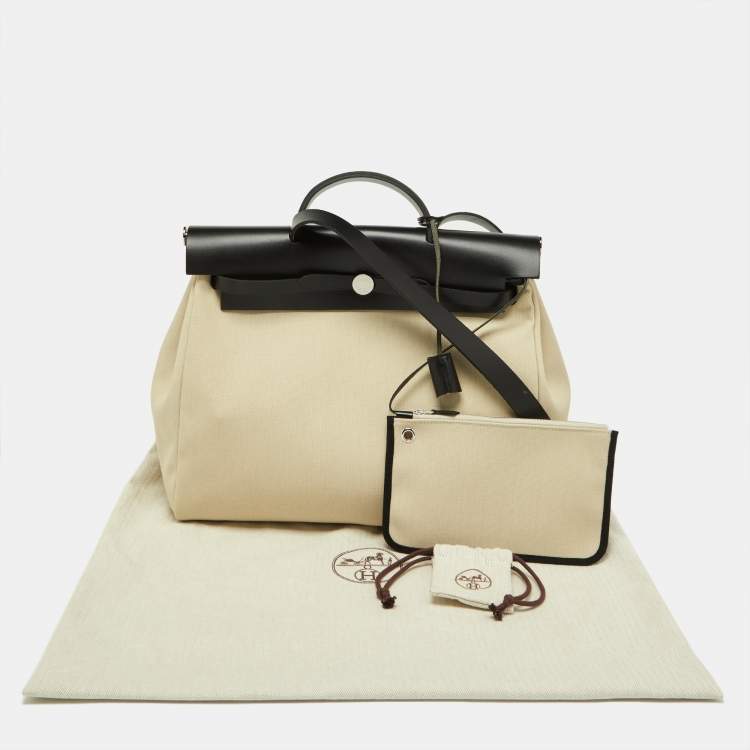 Pre Owned Hermès Beton/Black Toile Canvas and Vache Hunter Leather Herbag Zip 39 Bag