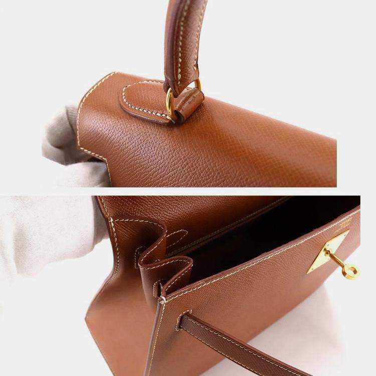 Pre Owned HERMES Kelly 32 2way hand shoulder bag Couchevel Epson Cognac B engraved outside stitching