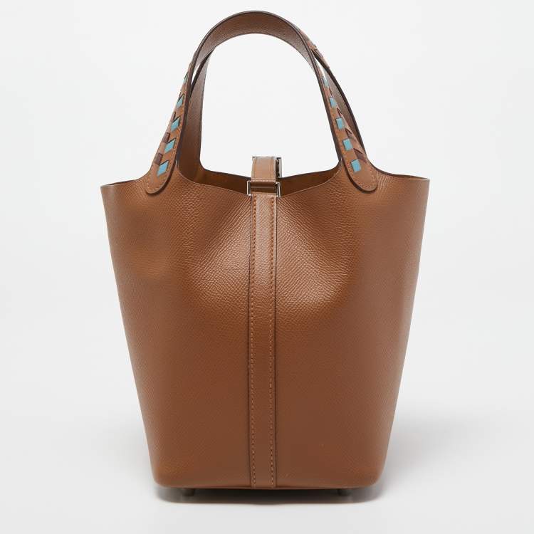 Pre Owned Hermes Gold/Bleu Du Nord/Rouge H Epsom Leather Picotin Lock Tressage PM Bag