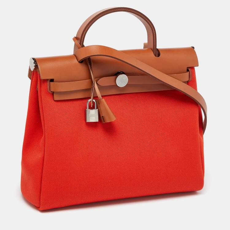 Pre Owned Hermes Orange/Fauve Canvas and Leather Herbag Zip 31 Bag