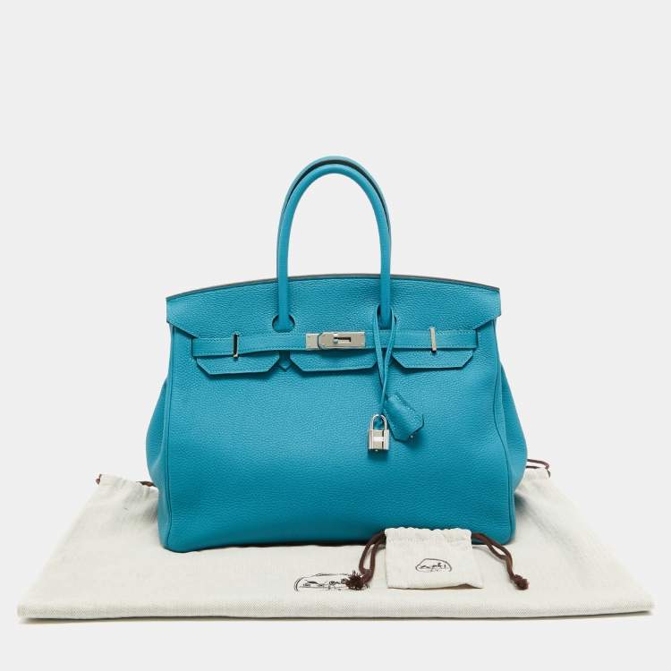 Pre Owned Hermes Turquoise Blue Togo Leather Palladium Finish Birkin 35 Bag