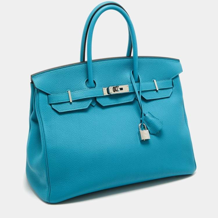 Pre Owned Hermes Turquoise Blue Togo Leather Palladium Finish Birkin 35 Bag