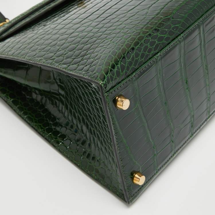 Pre Owned Hermes Vert Fonce Shine Crocodile Porosus Gold Finish Kelly Sellier 35 Bag
