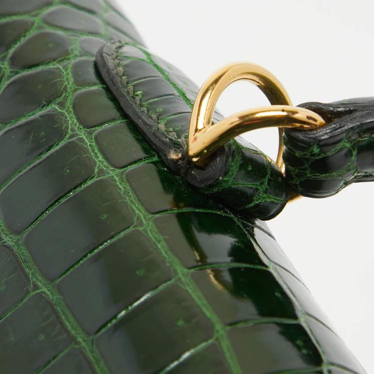 Pre Owned Hermes Vert Fonce Shine Crocodile Porosus Gold Finish Kelly Sellier 35 Bag