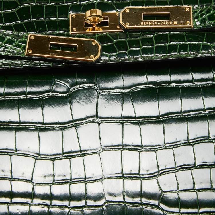 Pre Owned Hermes Vert Fonce Shine Crocodile Porosus Gold Finish Kelly Sellier 35 Bag