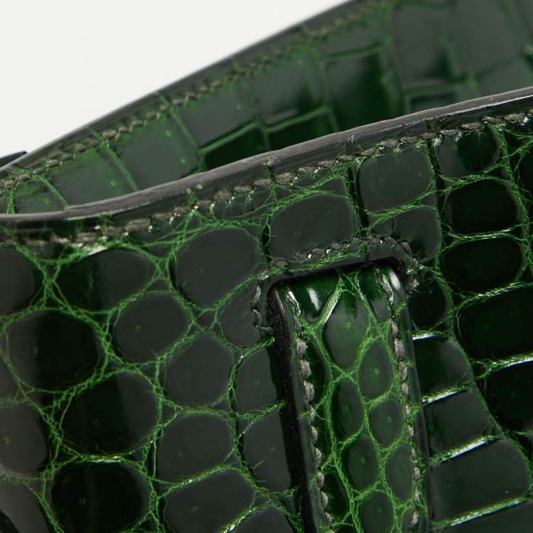 Pre Owned Hermes Vert Fonce Shine Crocodile Porosus Gold Finish Kelly Sellier 35 Bag