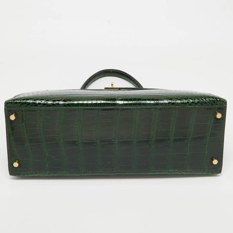 Pre Owned Hermes Vert Fonce Shine Crocodile Porosus Gold Finish Kelly Sellier 35 Bag