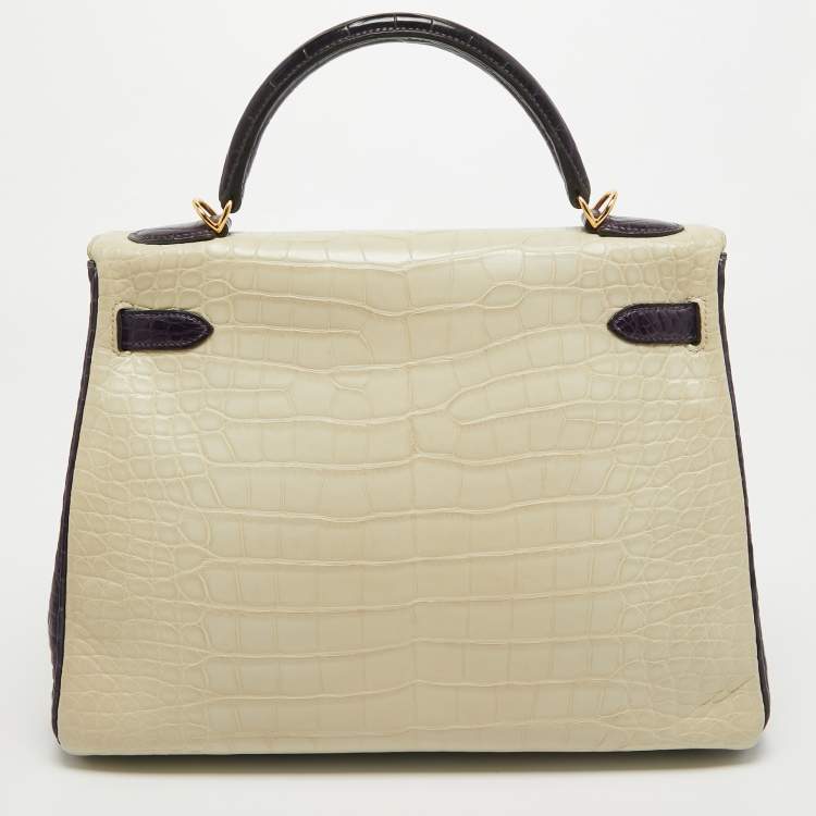 Pre Owned Hermes Graphite/Beton/Amethyst Alligator Mississippiensis Gold Finish Kelly Retourne 32 Bag