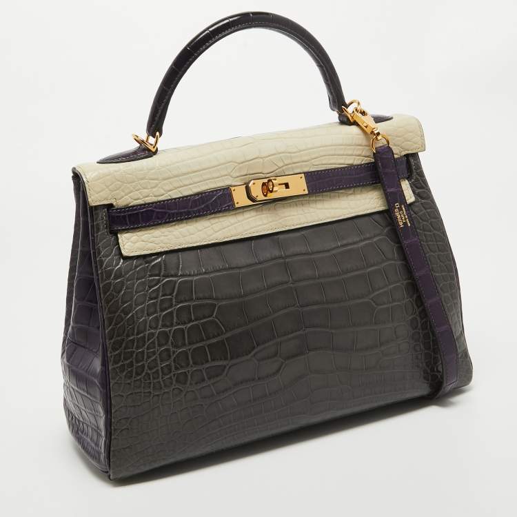 Pre Owned Hermes Graphite/Beton/Amethyst Alligator Mississippiensis Gold Finish Kelly Retourne 32 Bag