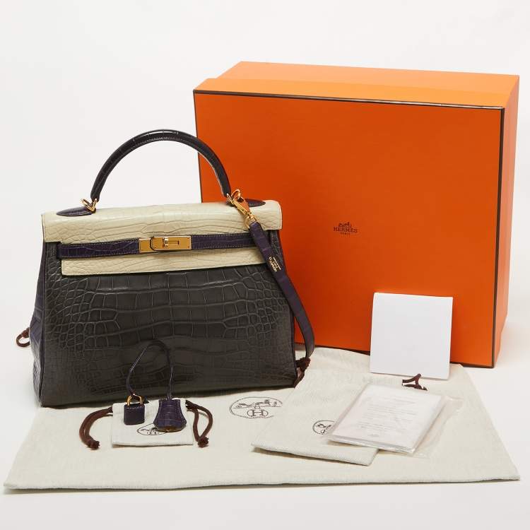 Pre Owned Hermes Graphite/Beton/Amethyst Alligator Mississippiensis Gold Finish Kelly Retourne 32 Bag