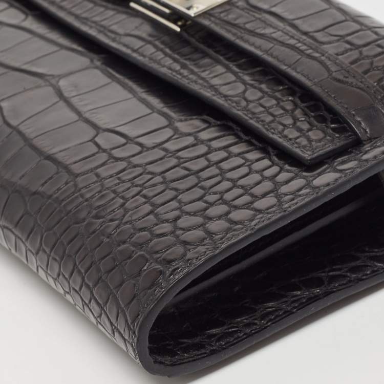 Pre Owned Hermès Noir Matte Alligator Mississippiensis Kelly To Go Wallet