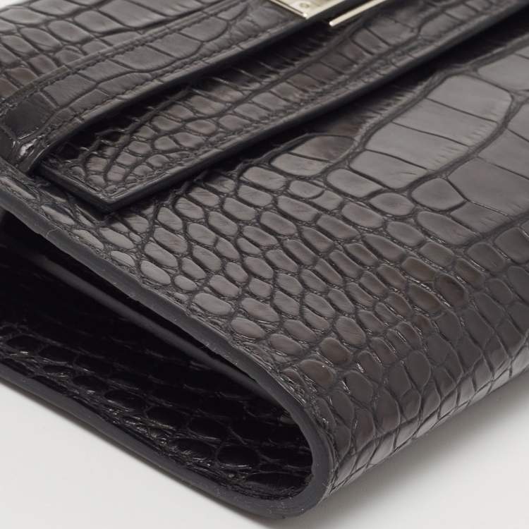 Pre Owned Hermès Noir Matte Alligator Mississippiensis Kelly To Go Wallet
