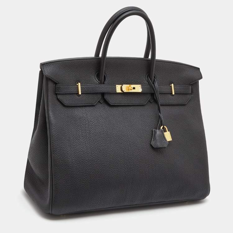 Pre Owned Hermes Noir/Bleu Nuit Togo Leather Brushed Gold Finish Birkin 40 Bag