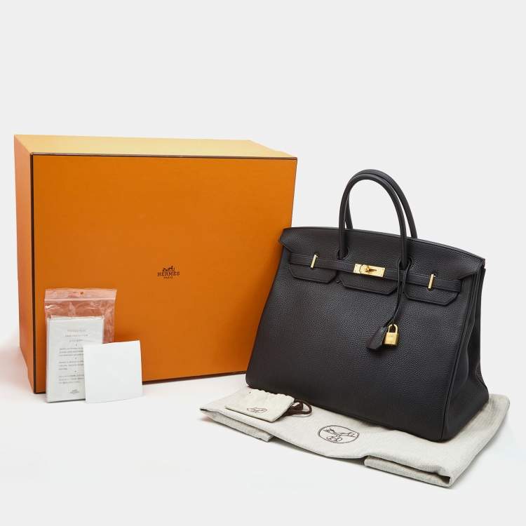 Pre Owned Hermes Noir/Bleu Nuit Togo Leather Brushed Gold Finish Birkin 40 Bag