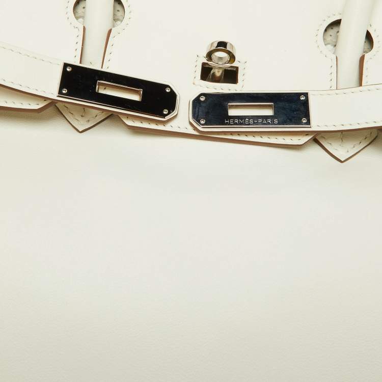 Pre Owned Hermes Blanc/Gris Swift Leather Palladium Finish Ghillies Birkin 35 Bag 