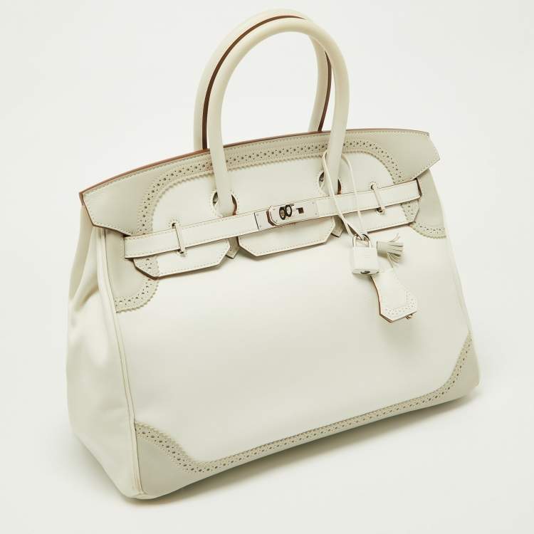 Pre Owned Hermes Blanc/Gris Swift Leather Palladium Finish Ghillies Birkin 35 Bag 