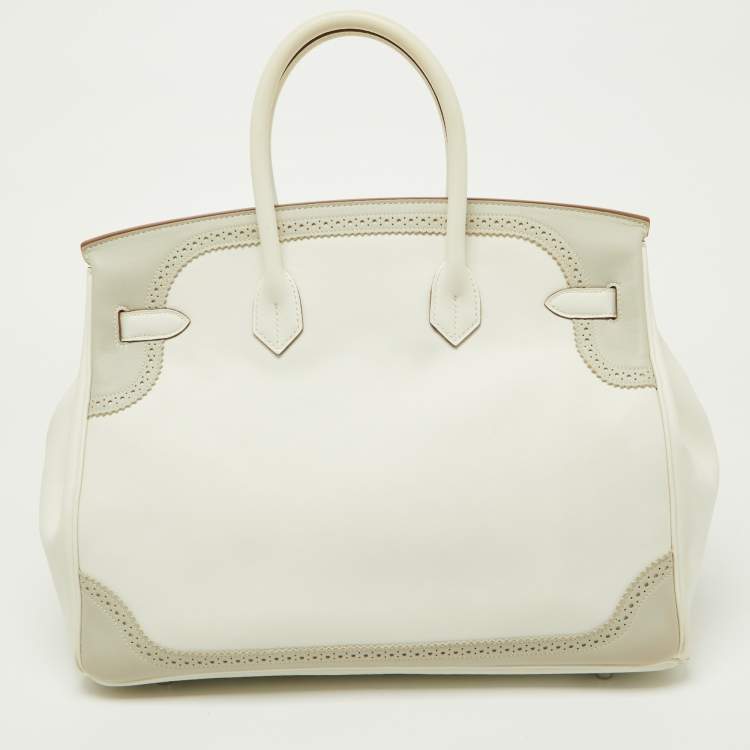 Pre Owned Hermes Blanc/Gris Swift Leather Palladium Finish Ghillies Birkin 35 Bag 