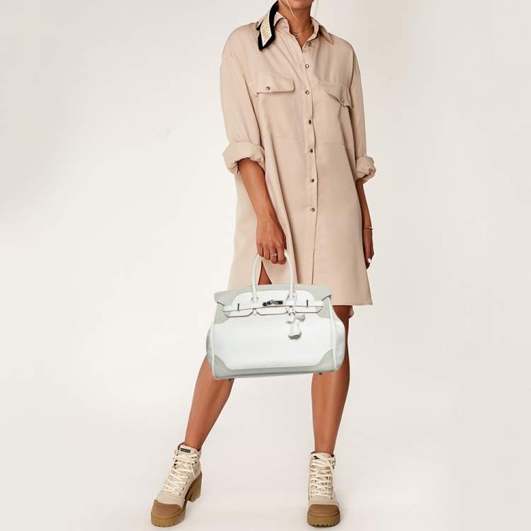 Pre Owned Hermes Blanc/Gris Swift Leather Palladium Finish Ghillies Birkin 35 Bag 