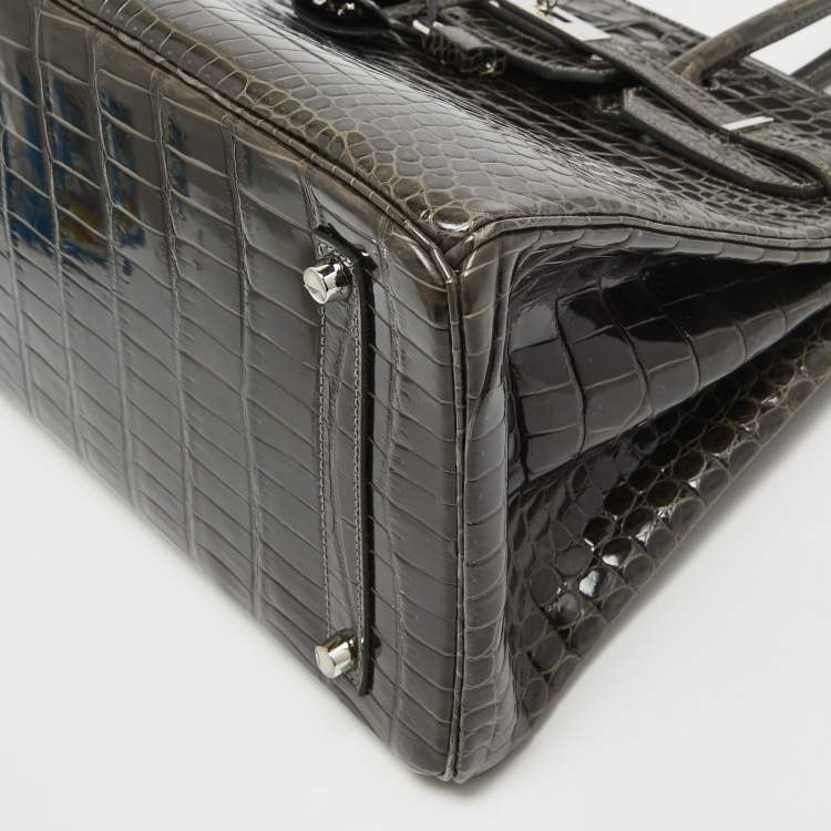 Pre Owned Hermes Graphite Crocodile Porosus Palladium Finish Birkin 35 Bag