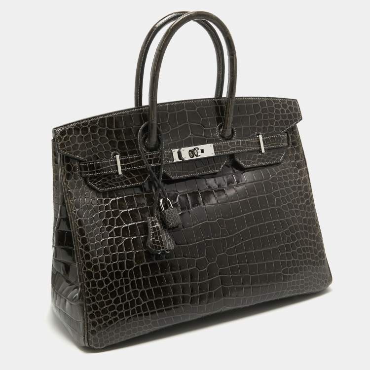 Pre Owned Hermes Graphite Crocodile Porosus Palladium Finish Birkin 35 Bag