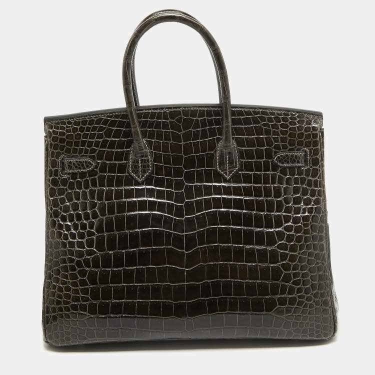 Pre Owned Hermes Graphite Crocodile Porosus Palladium Finish Birkin 35 Bag