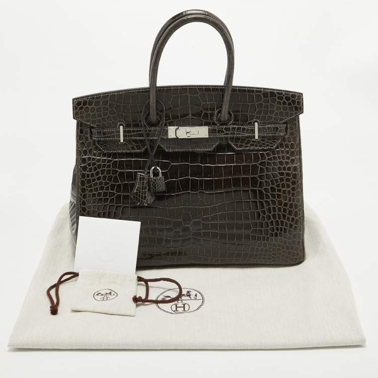 Pre Owned Hermes Graphite Crocodile Porosus Palladium Finish Birkin 35 Bag