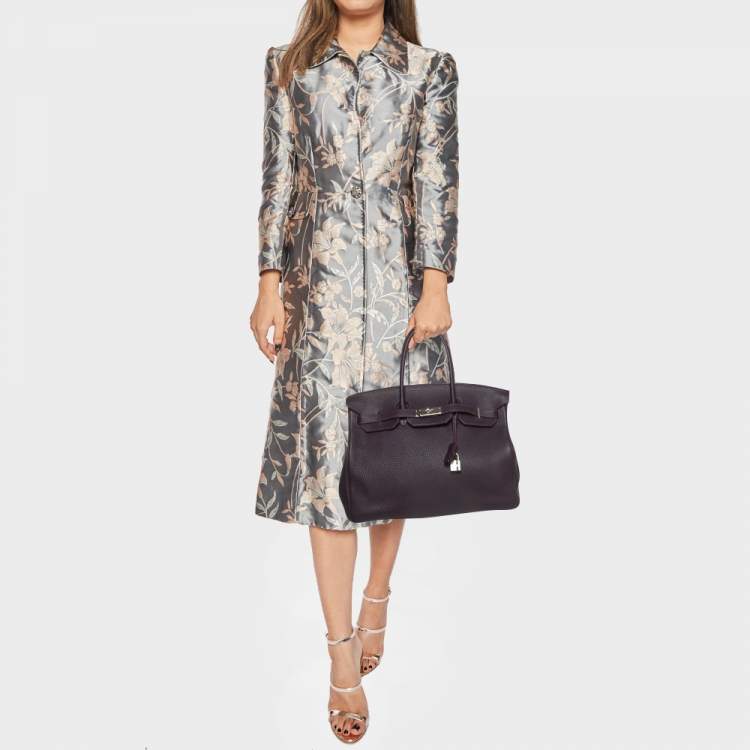 Pre Owned Hermes Raisin Taurillon Clemence Leather Palladium Finish Birkin 35 Bag