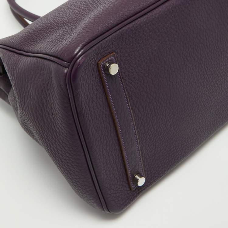 Pre Owned Hermes Raisin Taurillon Clemence Leather Palladium Finish Birkin 35 Bag