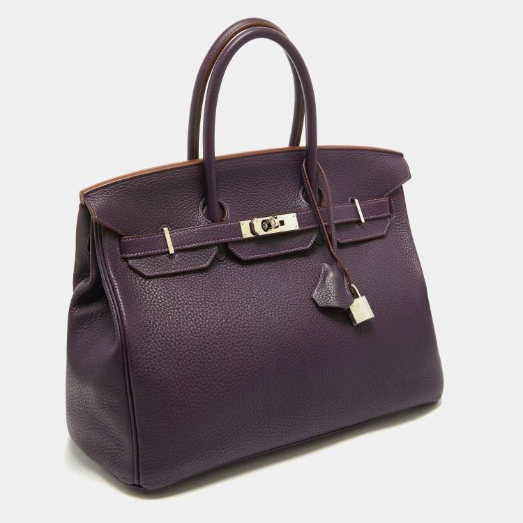 Pre Owned Hermes Raisin Taurillon Clemence Leather Palladium Finish Birkin 35 Bag