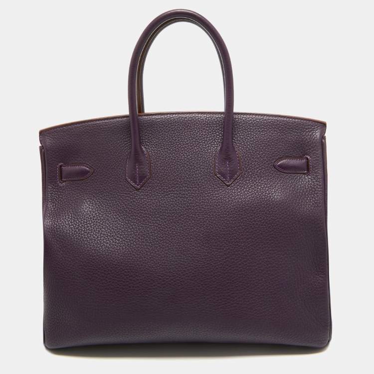 Pre Owned Hermes Raisin Taurillon Clemence Leather Palladium Finish Birkin 35 Bag